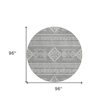 8' Gray And Ivory Round Southwestern Washable Indoor Outdoor Area Rug