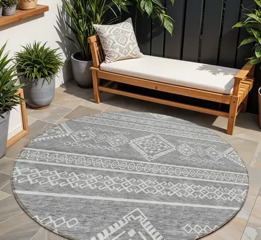8' Gray And Ivory Round Southwestern Washable Indoor Outdoor Area Rug