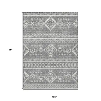 9' X 12' Gray And Ivory Southwestern Washable Indoor Outdoor Area Rug
