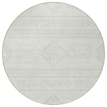 8' Ivory And Silver Round Southwestern Washable Indoor Outdoor Area Rug
