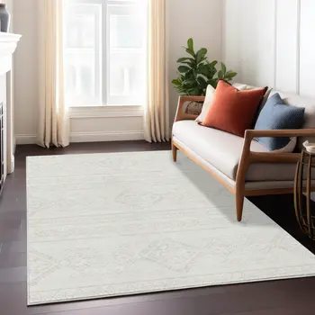 9' X 12' Ivory And Silver Southwestern Washable Indoor Outdoor Area Rug