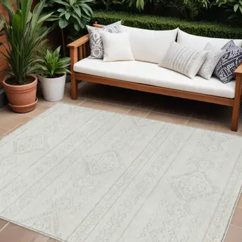 10' X 14' Ivory And Silver Southwestern Washable Indoor Outdoor Area Rug