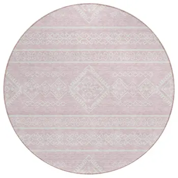 8' Pink And Ivory Round Southwestern Washable Indoor Outdoor Area Rug