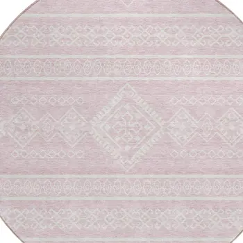 8' Pink And Ivory Round Southwestern Washable Indoor Outdoor Area Rug
