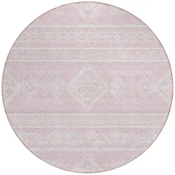 8' Pink And Ivory Round Southwestern Washable Indoor Outdoor Area Rug