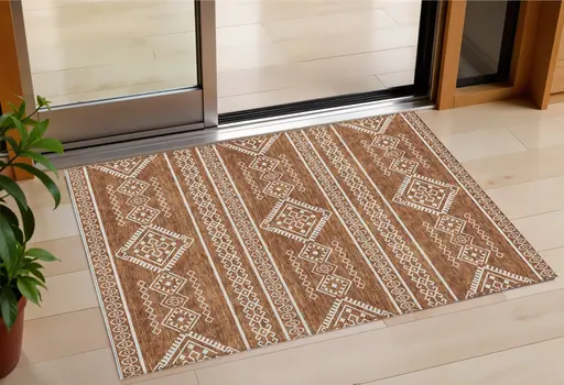 3' X 5' Orange And Ivory Southwestern Washable Indoor Outdoor Area Rug