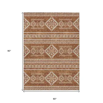 5' X 8' Orange And Ivory Southwestern Washable Indoor Outdoor Area Rug