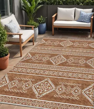 5' X 8' Orange And Ivory Southwestern Washable Indoor Outdoor Area Rug