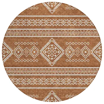 8' Orange And Ivory Round Southwestern Washable Indoor Outdoor Area Rug