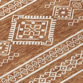 8' Orange And Ivory Round Southwestern Washable Indoor Outdoor Area Rug