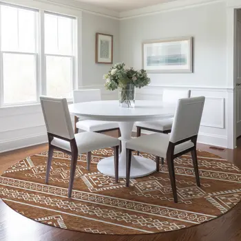 8' Orange And Ivory Round Southwestern Washable Indoor Outdoor Area Rug