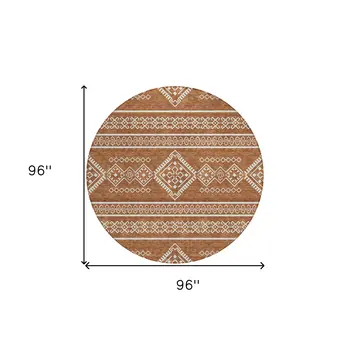 8' Orange And Ivory Round Southwestern Washable Indoor Outdoor Area Rug