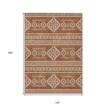 10' X 14' Orange And Ivory Southwestern Washable Indoor Outdoor Area Rug