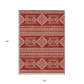 3' X 5' Red And Ivory Southwestern Washable Indoor Outdoor Area Rug