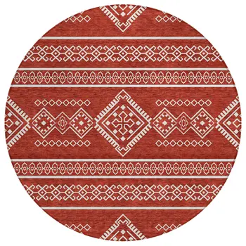 8' Red And Ivory Round Southwestern Washable Indoor Outdoor Area Rug
