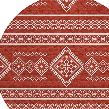 8' Red And Ivory Round Southwestern Washable Indoor Outdoor Area Rug