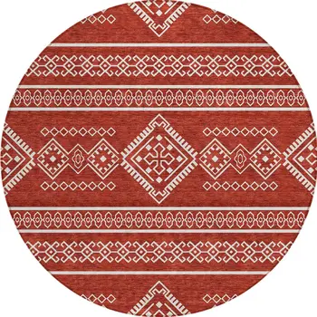8' Red And Ivory Round Southwestern Washable Indoor Outdoor Area Rug