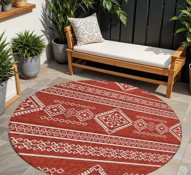 8' Red And Ivory Round Southwestern Washable Indoor Outdoor Area Rug