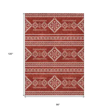 8' X 10' Red And Ivory Southwestern Washable Indoor Outdoor Area Rug