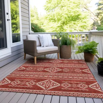 8' X 10' Red And Ivory Southwestern Washable Indoor Outdoor Area Rug