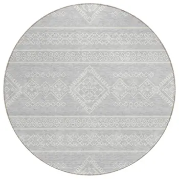 8' Silver And Ivory Round Southwestern Washable Indoor Outdoor Area Rug