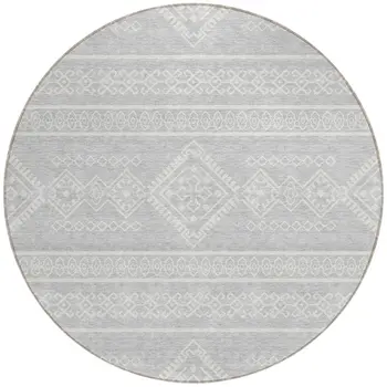 8' Silver And Ivory Round Southwestern Washable Indoor Outdoor Area Rug