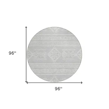 8' Silver And Ivory Round Southwestern Washable Indoor Outdoor Area Rug