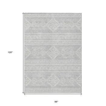 8' X 10' Silver And Ivory Southwestern Washable Indoor Outdoor Area Rug