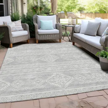 8' X 10' Silver And Ivory Southwestern Washable Indoor Outdoor Area Rug