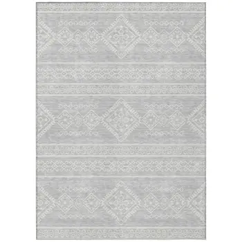 8' X 10' Silver And Ivory Southwestern Washable Indoor Outdoor Area Rug