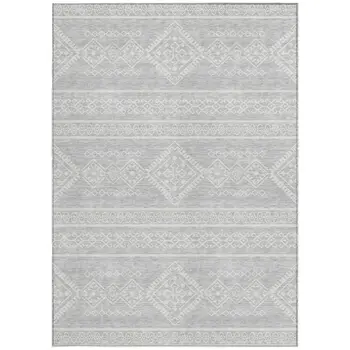 8' X 10' Silver And Ivory Southwestern Washable Indoor Outdoor Area Rug