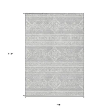9' X 12' Silver And Ivory Southwestern Washable Indoor Outdoor Area Rug