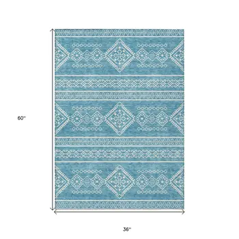 3' X 5' Teal Blue And Ivory Southwestern Washable Indoor Outdoor Area Rug