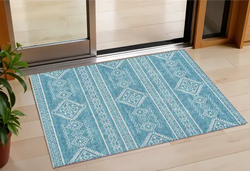 3' X 5' Teal Blue And Ivory Southwestern Washable Indoor Outdoor Area Rug