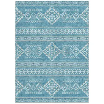 3' X 5' Teal Blue And Ivory Southwestern Washable Indoor Outdoor Area Rug