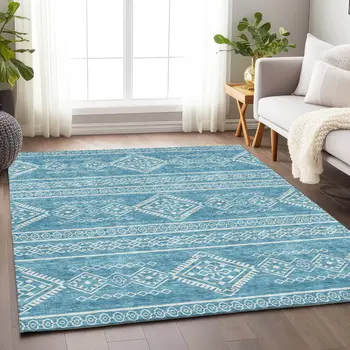 3' X 5' Teal Blue And Ivory Southwestern Washable Indoor Outdoor Area Rug
