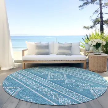 8' Teal Blue And Ivory Round Southwestern Washable Indoor Outdoor Area Rug