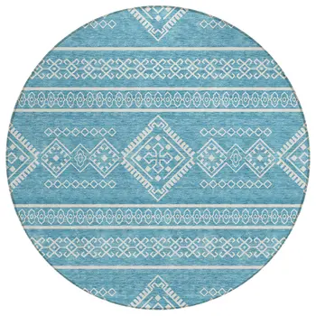 8' Teal Blue And Ivory Round Southwestern Washable Indoor Outdoor Area Rug