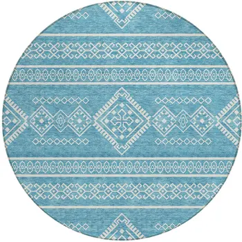 8' Teal Blue And Ivory Round Southwestern Washable Indoor Outdoor Area Rug