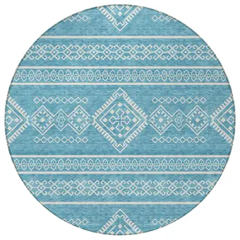 8' Teal Blue And Ivory Round Southwestern Washable Indoor Outdoor Area Rug