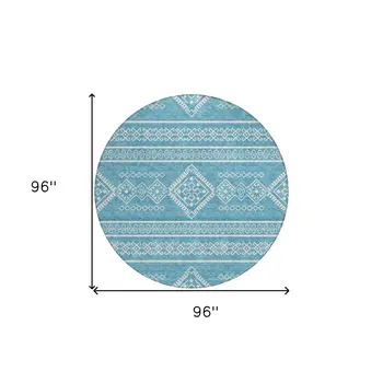 8' Teal Blue And Ivory Round Southwestern Washable Indoor Outdoor Area Rug