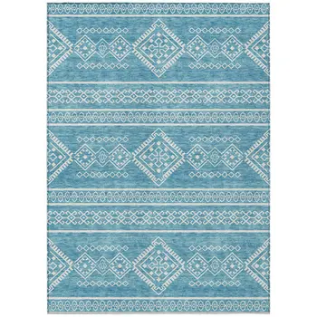 9' X 12' Teal Blue And Ivory Southwestern Washable Indoor Outdoor Area Rug