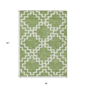 3' X 5' Artichoke Green And Ivory Geometric Washable Indoor Outdoor Area Rug