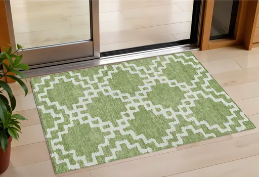 3' X 5' Artichoke Green And Ivory Geometric Washable Indoor Outdoor Area Rug