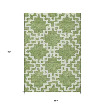 5' X 8' Artichoke Green And Ivory Geometric Washable Indoor Outdoor Area Rug