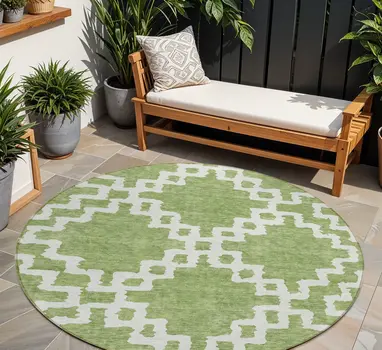 8' Artichoke Green And Ivory Round Geometric Washable Indoor Outdoor Area Rug
