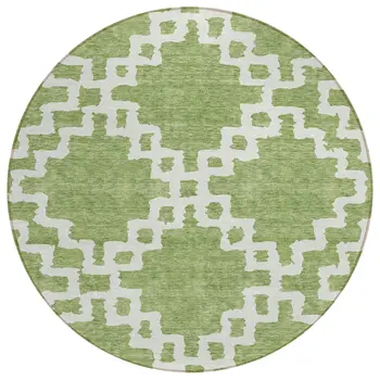 8' Artichoke Green And Ivory Round Geometric Washable Indoor Outdoor Area Rug