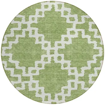 8' Artichoke Green And Ivory Round Geometric Washable Indoor Outdoor Area Rug