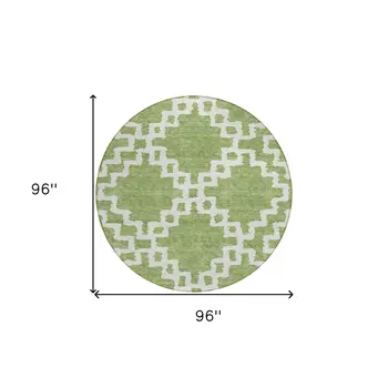 8' Artichoke Green And Ivory Round Geometric Washable Indoor Outdoor Area Rug