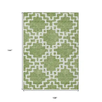 9' X 12' Artichoke Green And Ivory Geometric Washable Indoor Outdoor Area Rug